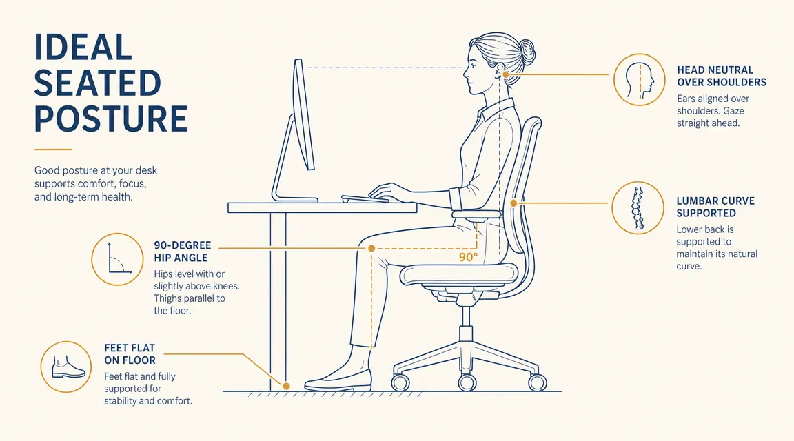 Side profile diagram showing correct seated posture with hips at 90 degrees, feet flat, lumbar supported