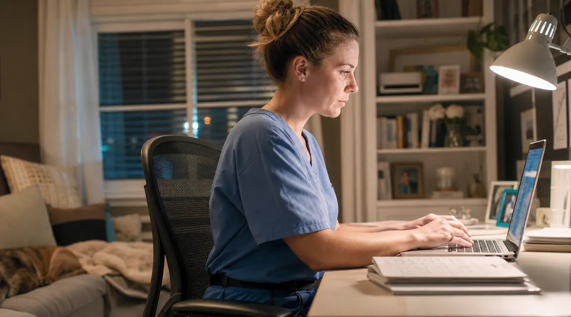 Nurse sitting in ergonomic chair at home desk doing paperwork in the evening, relaxed posture, lamp on