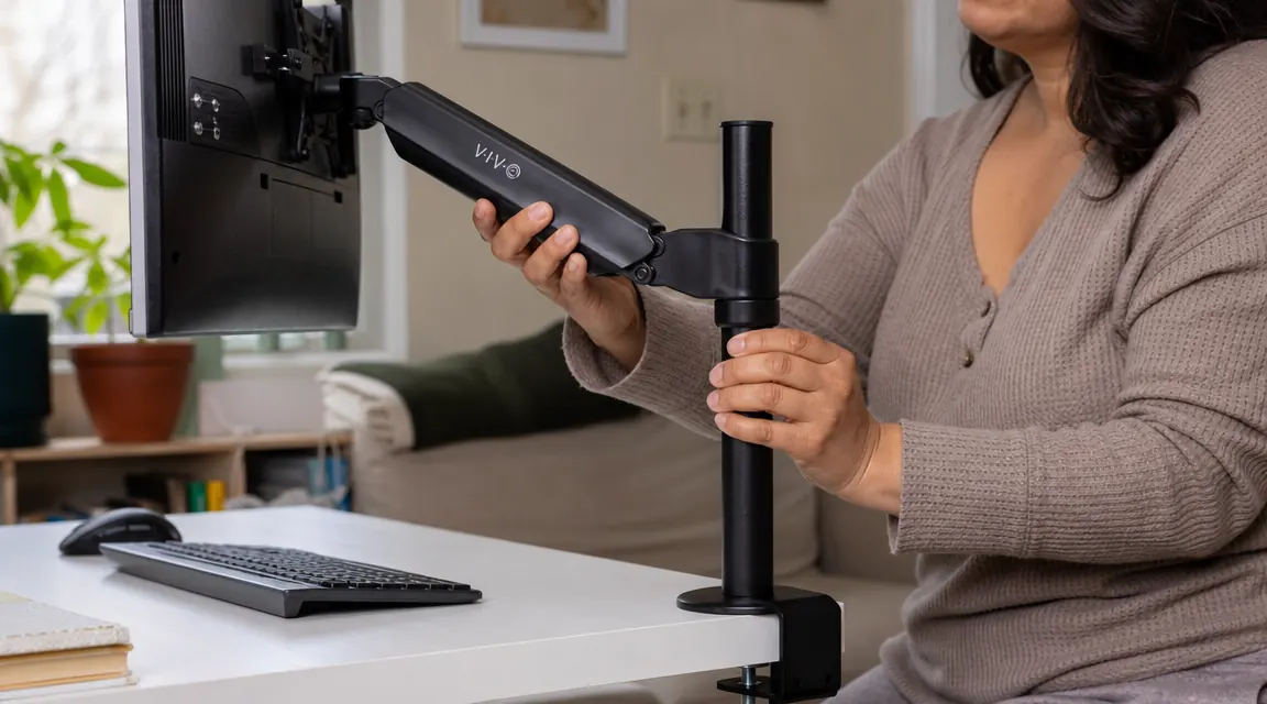 Hand adjusting the height of a VIVO monitor arm clamp mounted on a white desk
