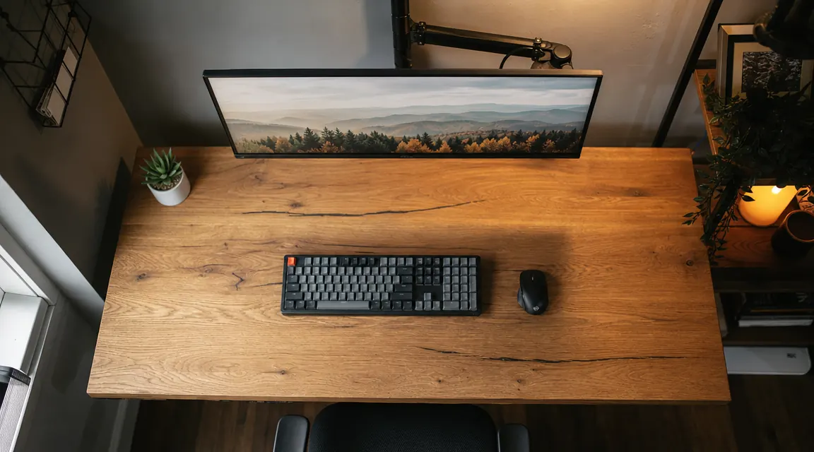Overhead view of a tidy desk with a monitor on an arm, keyboard centered, no cable clutter visible