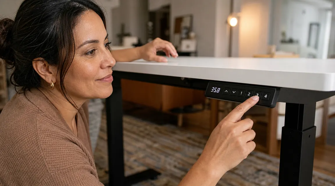 Woman pressing a memory preset button on an electric standing desk control panel