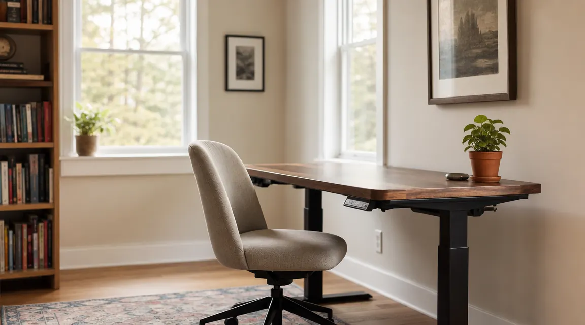 Home office setup showing a standing desk at sitting height with ergonomic chair, tidy cable management, and a plant on the corner