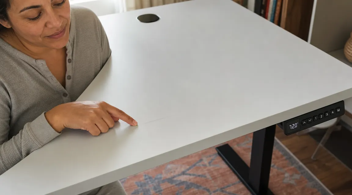 A standing desk surface with a visible shallow scratch near the cable cutout, showing the laminate texture close up