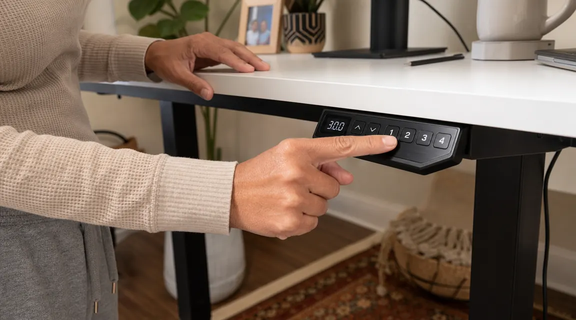 Hands pressing the memory preset button on the ErGear standing desk control panel