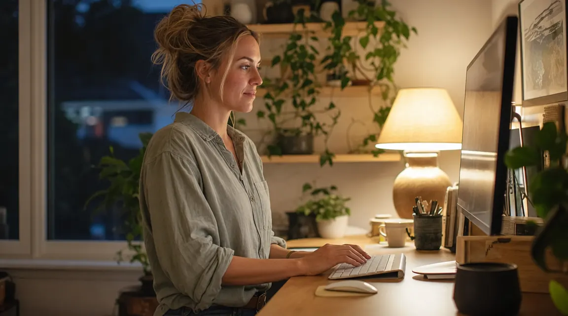 Woman working at a standing desk in the evening, good posture, home office environment with warm lamp light
