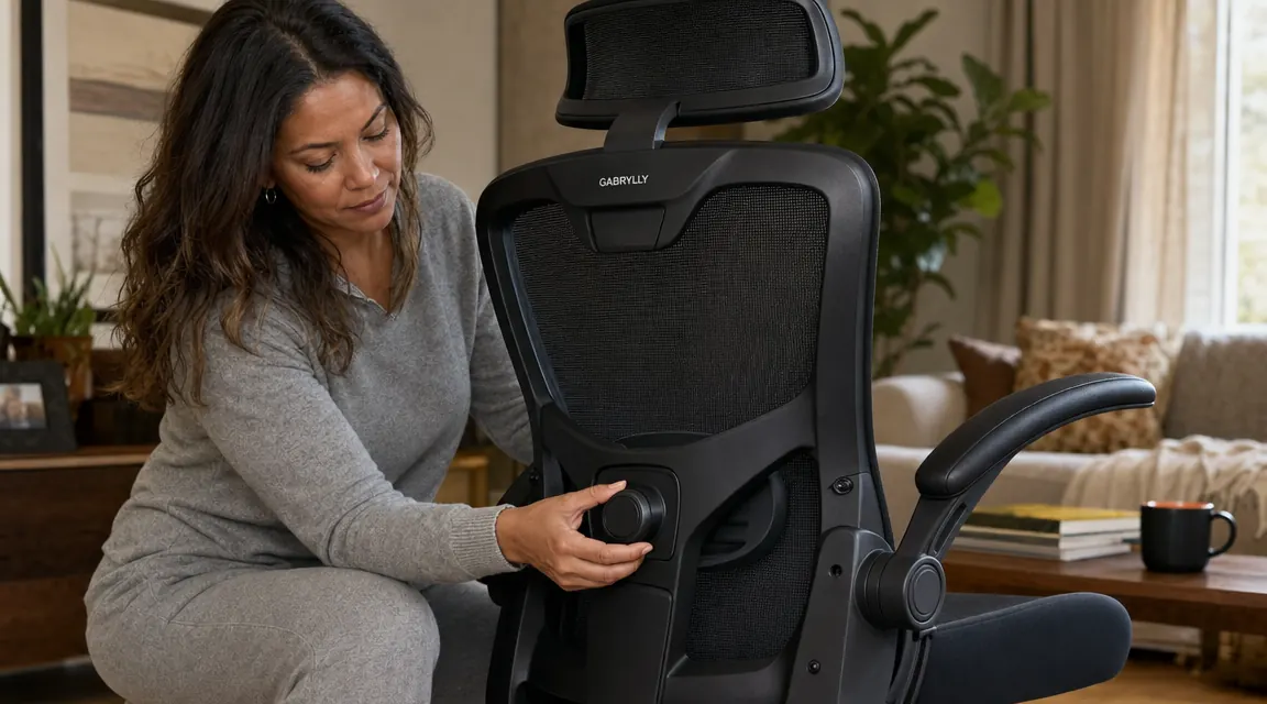 Close-up of GABRYLLY chair lumbar support adjustment knob with a hand reaching to adjust it