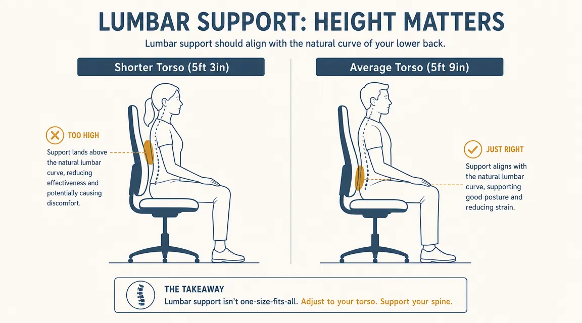 Diagram showing correct lumbar support placement on a spine for a 5 foot 3 inch user versus a 5 foot 9 inch user
