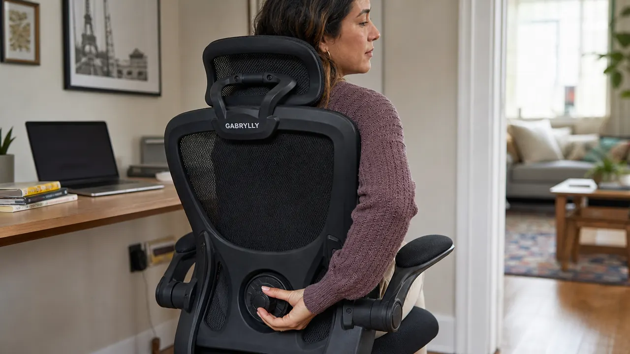 Close-up of the GABRYLLY ergonomic chair lumbar support area, person's hand adjusting the lumbar knob