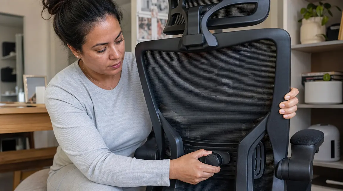 Close-up of GABRYLLY ergonomic chair lumbar support knob being adjusted by a user's hand