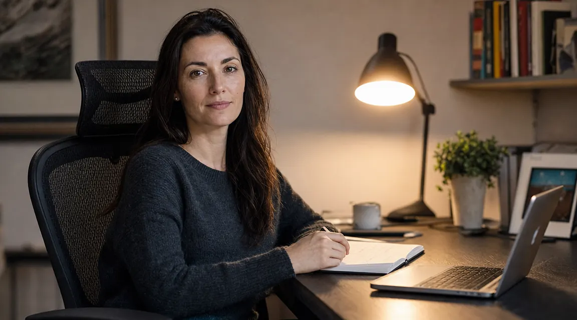 Person sitting in GABRYLLY ergonomic chair at a home desk, relaxed upright posture, laptop open, evening lamp glow