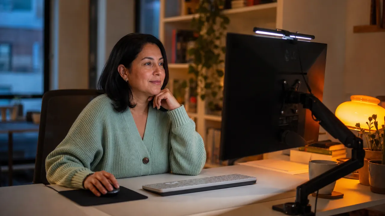 A warm, lived-in home office at evening with a monitor, a wireless keyboard, an ergonomic chair, and a soft amber lamp glow