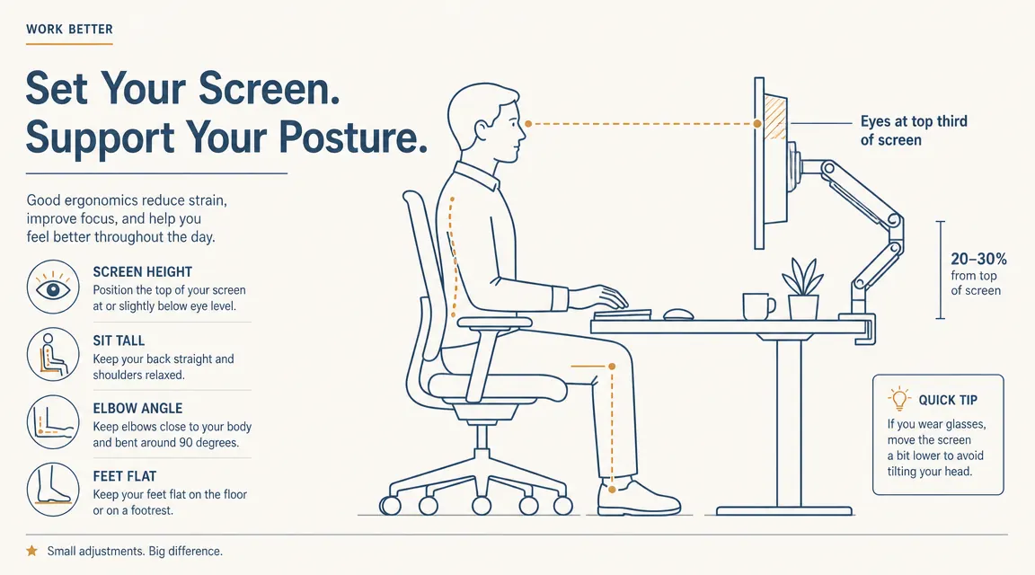 Diagram showing correct monitor height alignment with eyes at top third of screen