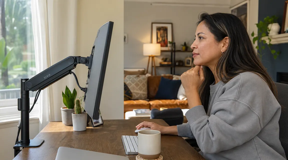 Side view of monitor tilted slightly backward at correct ergonomic angle on a monitor arm