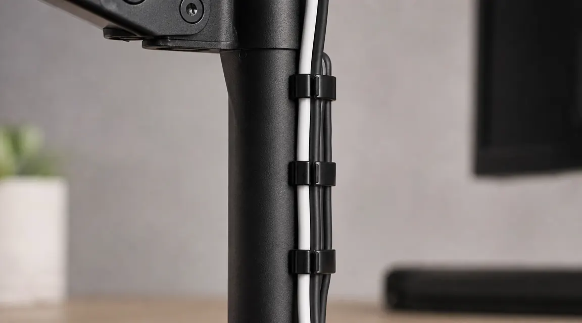 Cable management clips along the back of a monitor arm with cords neatly routed
