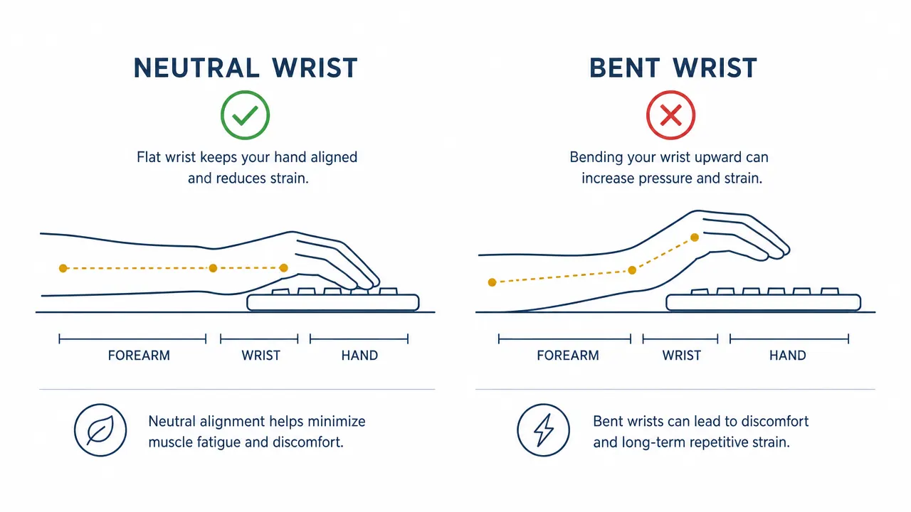 Diagram showing correct neutral wrist angle versus a bent wrist angle at the keyboard