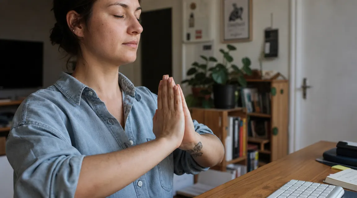 Person doing a simple wrist stretch with palms pressed together in a prayer position