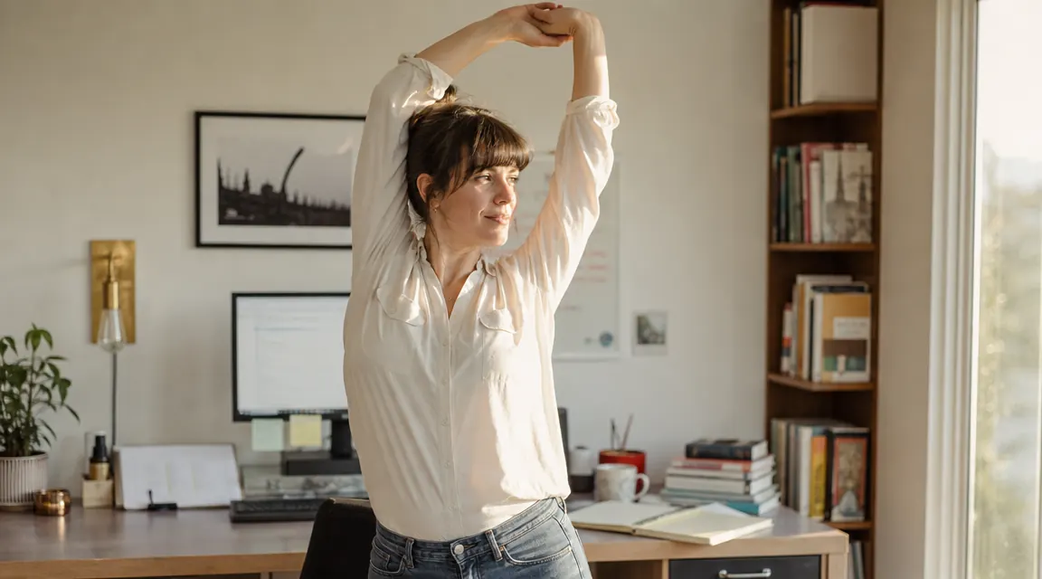 Woman stretching her arms overhead while standing at her desk, looking relaxed and energized during a short standing interval