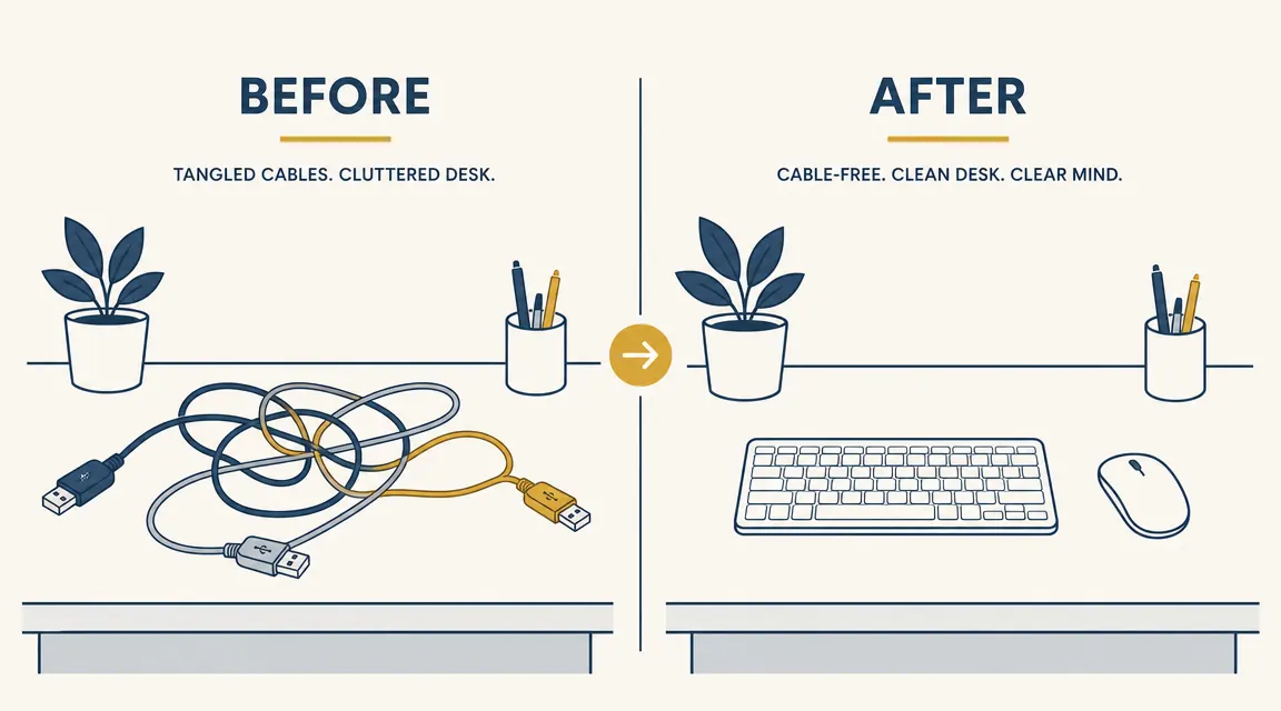 Before and after comparison showing a tangled desk cable setup versus a clean wireless desk setup