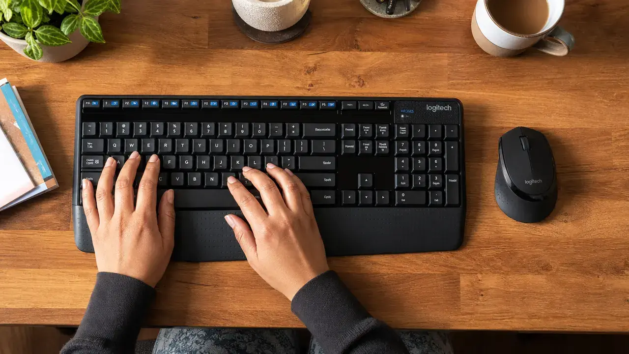 Hands resting on the MK345 keyboard palm rest while typing, seen from above