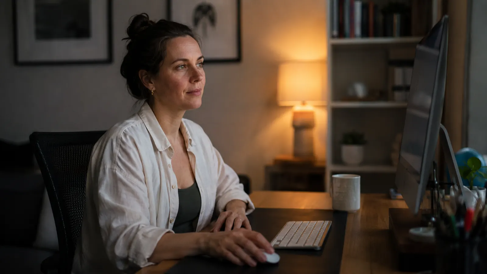 Woman at a home desk late in the evening working comfortably with a wireless keyboard setup
