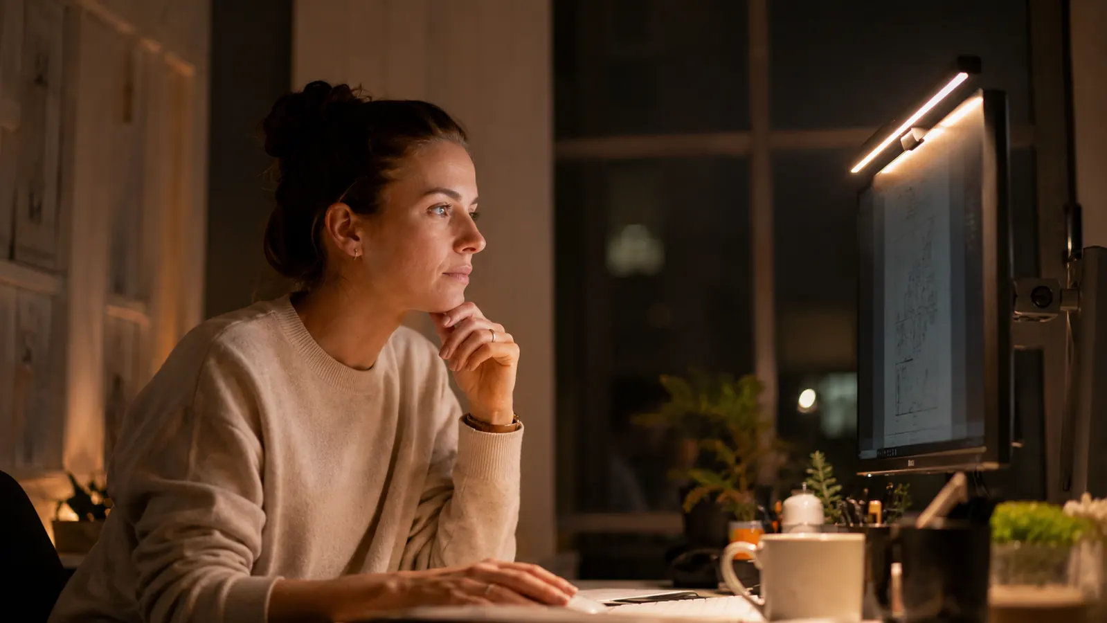Woman at a home office desk working at night with a monitor light bar on, looking relaxed and focused