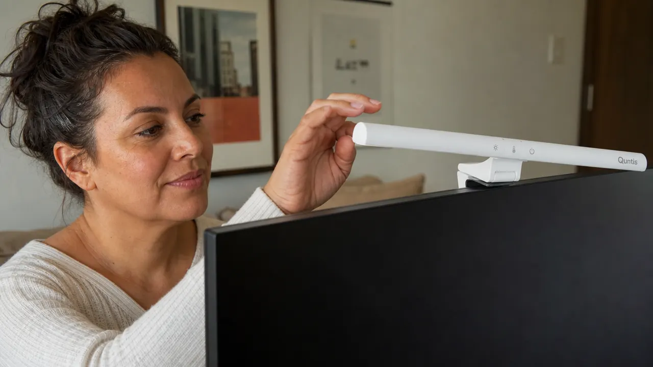 Quntis monitor lamp clamp resting on a very thin monitor bezel, showing slight forward tilt on a frameless display