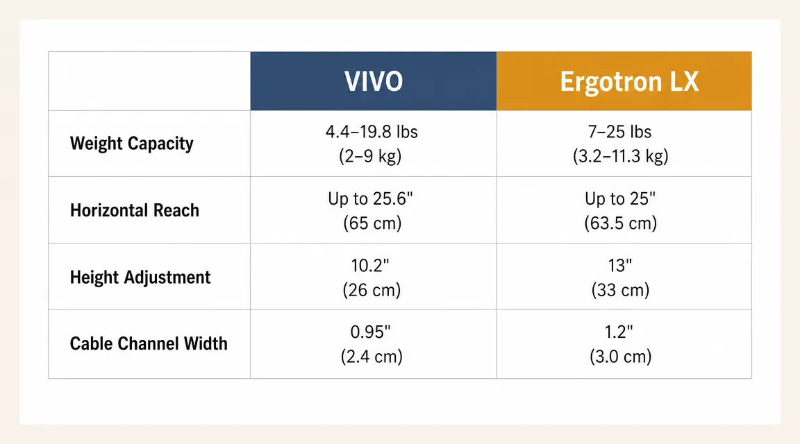 Side-by-side comparison chart showing VIVO monitor arm weight and reach specs versus the Ergotron LX