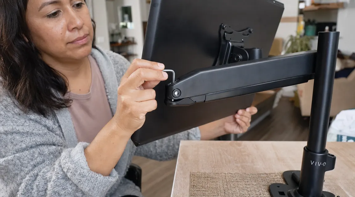 Hands tightening the hex bolt on a monitor arm tilt joint with a small hex key