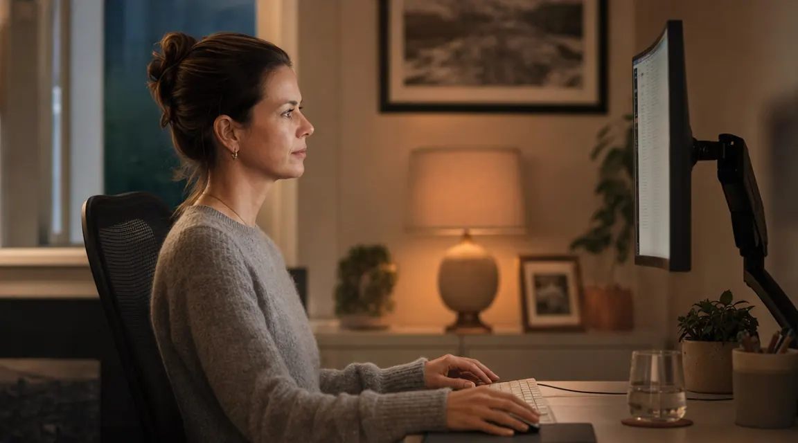 Home office setup with monitor at eye level on an arm, person seated with relaxed neck posture, evening light