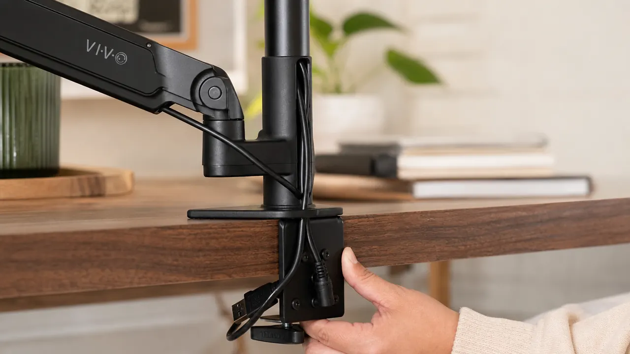 Under-desk cable routing showing VIVO monitor arm post with cables neatly bundled through the built-in channel