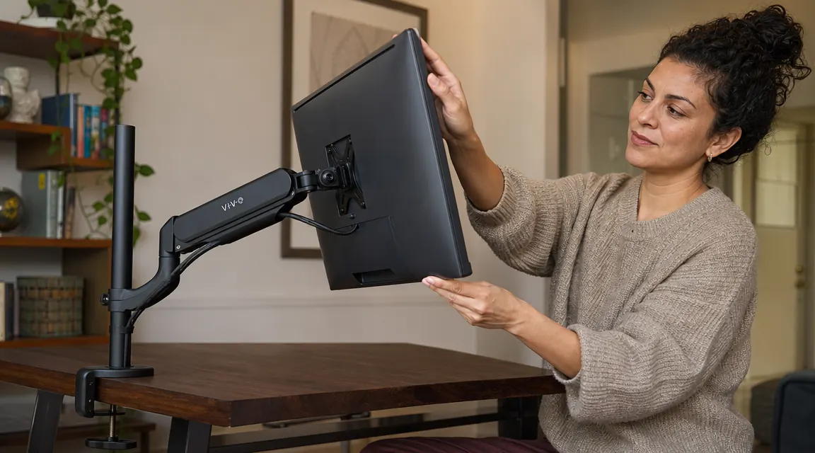 Close-up of a monitor arm clamp attached to the back edge of a wooden desk, cables routed neatly through the arm channel