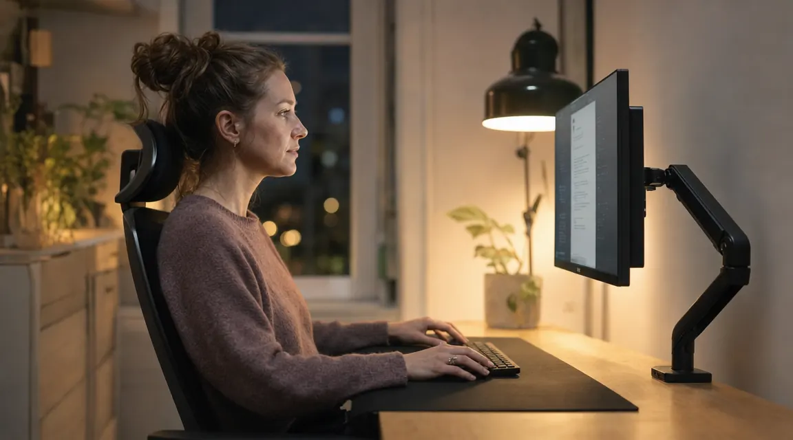 Person working at a home desk in the evening, monitor at eye level on an arm, good posture, soft lamp light